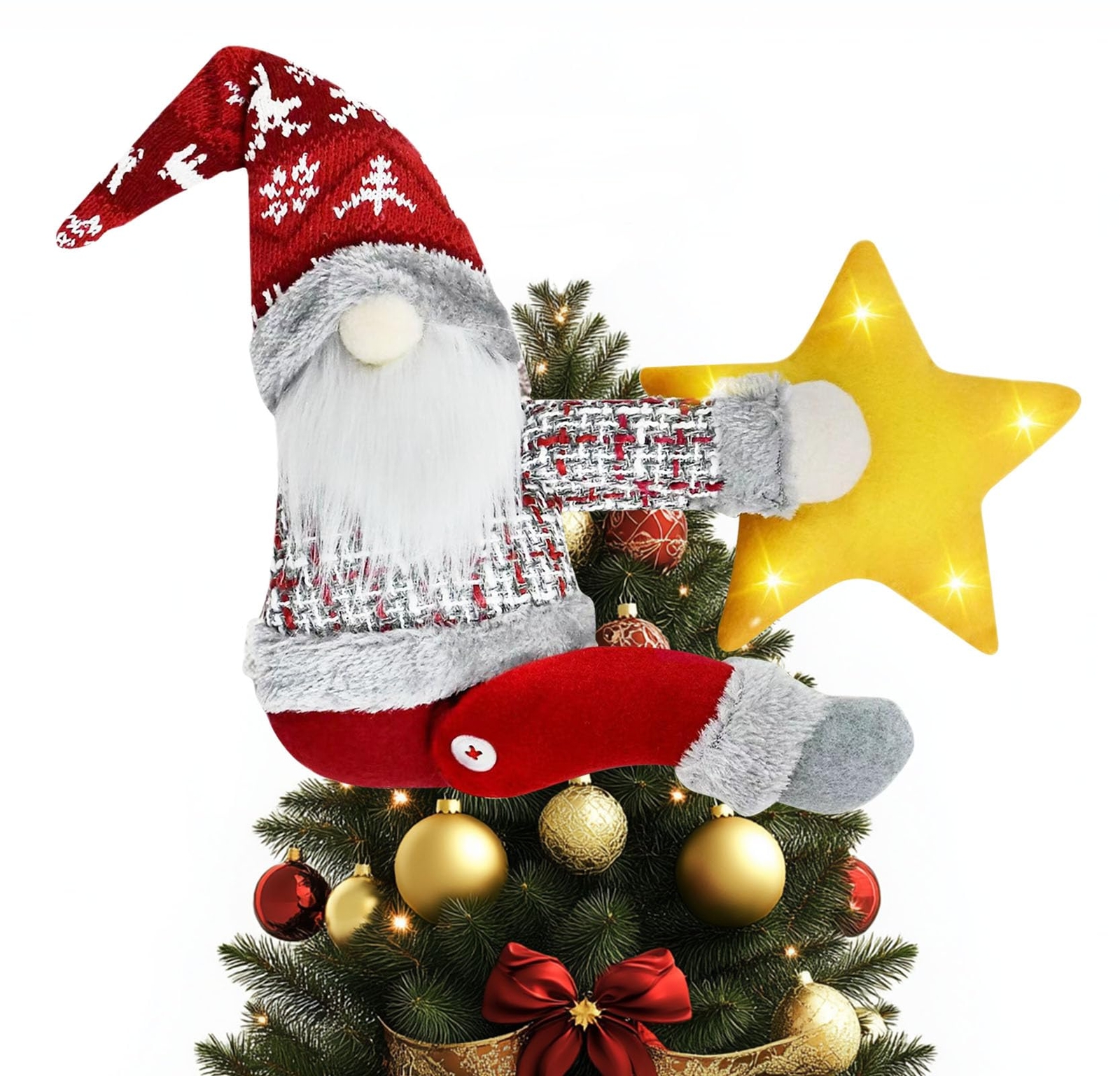 Christmas Tree Topper Gnome Decorations with Lights Star, Handmade Embrace Ch...