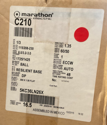 C210 MARATHON 5KC36LN26X,  0.33 HP, 1 Ph, 60 Hz, 115/208-230 V, 1800 RPM, 48 Fr