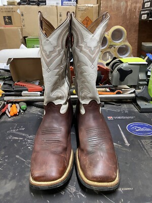 Tony Lama 3R Brown Square Toe White Top Boots Tone RR4007 Mens
