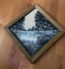 Wood Framed Painted Mirror Trees & Waterfall 14" x 14" Signed 2006 J. Fraley