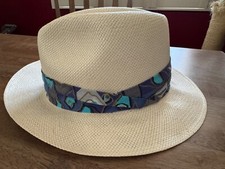 Panama Straw Hat Fedora style , White w/Multi-Blue Pattern Band, Med.