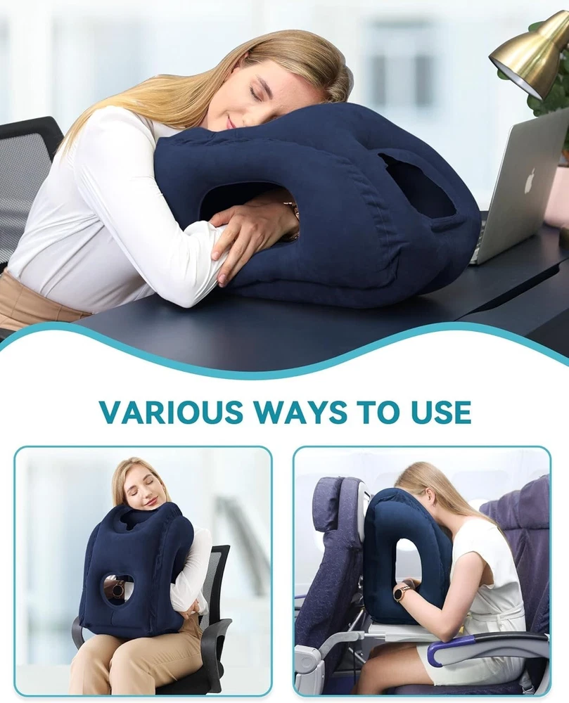 Ultimate Inflatable Travel Pillow in Solid Blue with Eye Mask and Ear Plugs