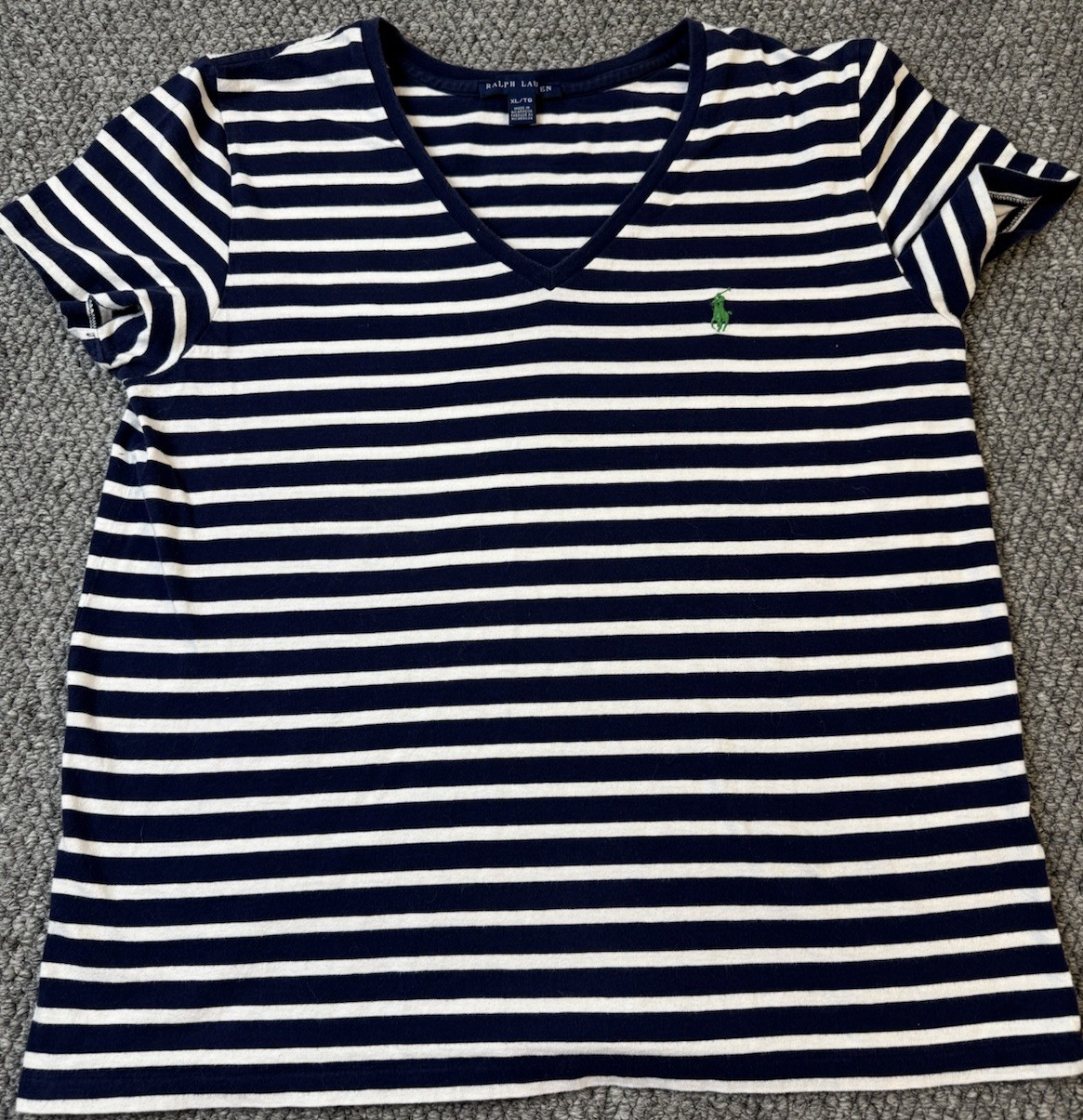 Polo Ralph Lauren T Shirt Women's XL Navy White Striped V Neck Short Sleeve Pony thumbnail 2