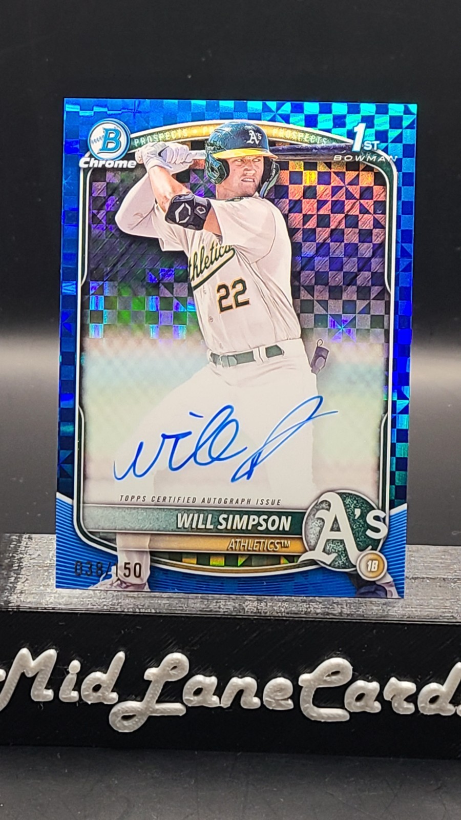 2025 Bowman Chrome Will Simpson 1st Bowman Auto Blue X-Fractor /150 Athletics