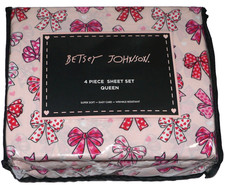NEW Betsey Johnson 4 Pc Queen Pink Sheet Set Bow Bows Heart Love Hearts