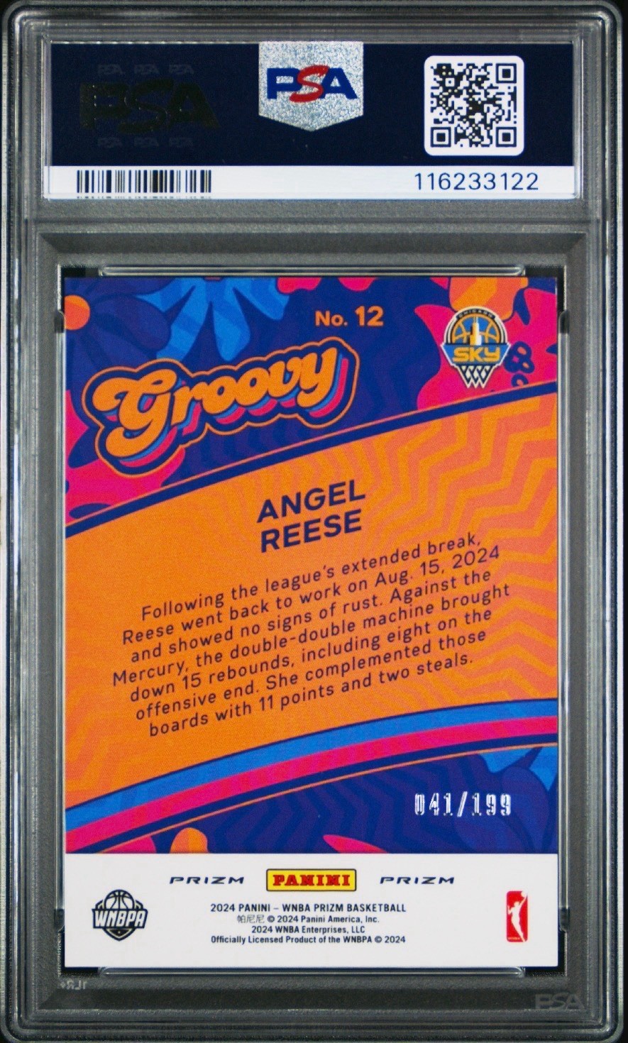 2024 Panini Prizm WNBA Groovy Angel Reese #12 Blue Pulsar Prizm /199 (RC) PSA 9 view 2