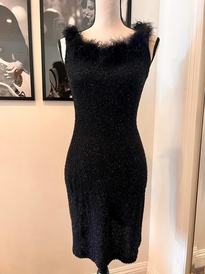 A'Gaci USA Vintage Feather Trim Metallic Glam Little Black Stretch Dress - Image 2 of 4