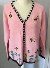 NWT QUACKER FACTORY Pink Bumble Bee Cardigan Sweater, Button Covers, Small NEW