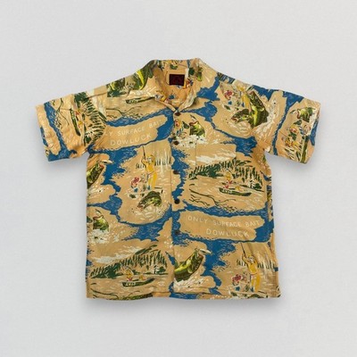 Vintage Evisu Dowluck Fishing Hawaiian Shirt Large Bass Print Tan Yellow Size 38