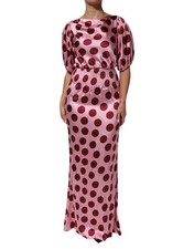Dolce & Gabbana Pink Red Polka Dot Silk Satin Maxi Gown Women's Dress
