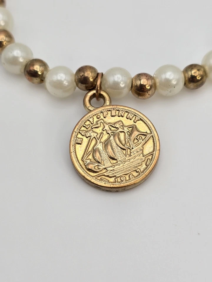 Ancient Greek Faux Gold Coin Charm Bracelet White & Gold Tone Stretchy FREE $HIP - Image 4 of 4