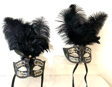 Lot of 2 Masquerade Black  Gold Venetian-Style Mask W/Feathers Glitter  Stones