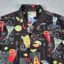 Paradise Found Happy Hour Shirt Mens Large Black Hawaiian Button Cocktail Pocket