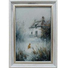 Winter Nature Oil Painting Original Art Rural Landscape Cat 4 x 6 inches