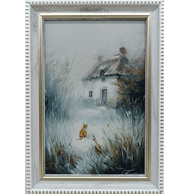 #ad Winter Nature Oil Painting Original Art Rural Landscape Cat 4 x 6 inches $40.00