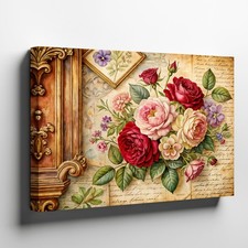 Vintage Floral Canvas Wall Art Red and Pink Roses with Script Background Print