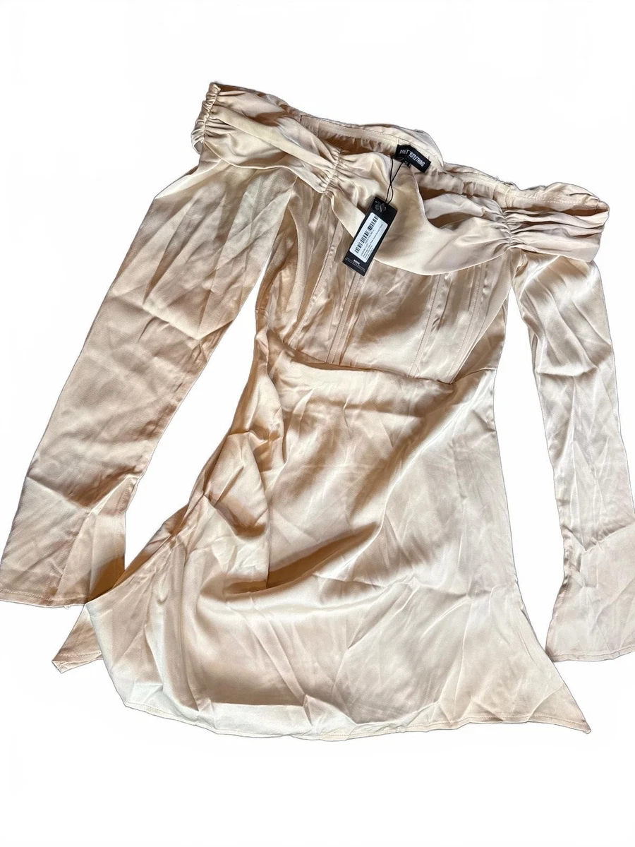 champagne satin pleat detail bardot flared sleeve shift dress Page 2: Sale Dresses