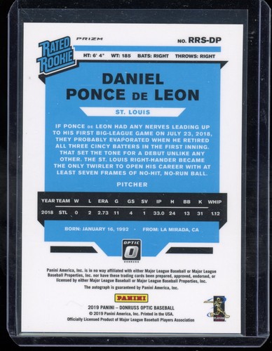 Daniel Ponce de Leon AUTO~RC Donruss Optic 2019 Rated Rookie Autograph SP Panini - Picture 2 of 2