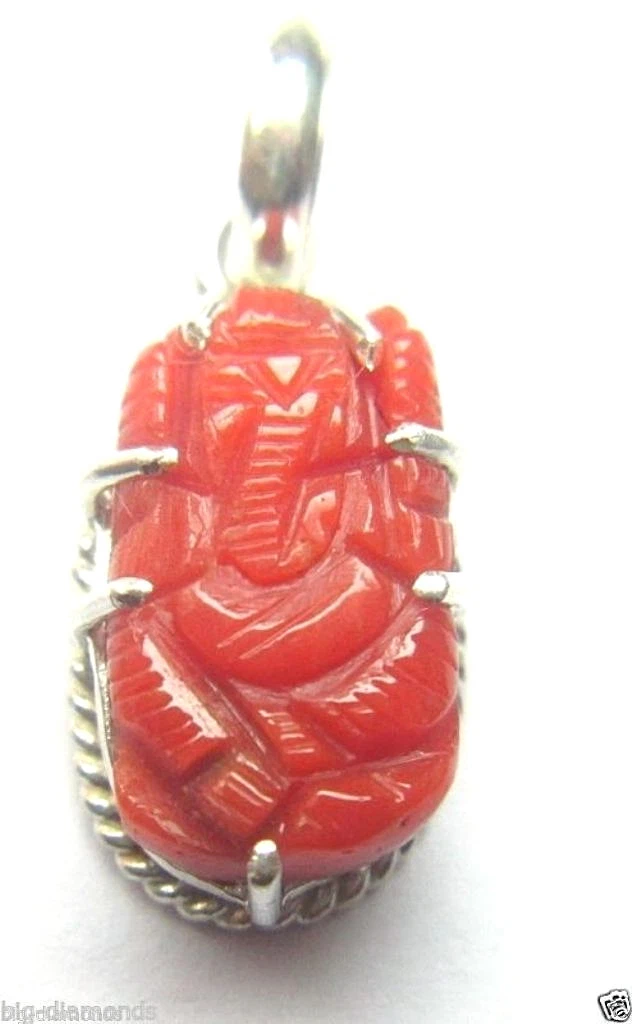 NATURAL REAL CARVED CORAL GANESHA 925 SILVER PENDANT WITH SILVER