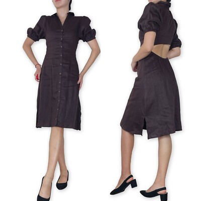 DISSH Chocolate Brown Linen Button Front Open Back Midi Dress Fits XS-S |  eBay