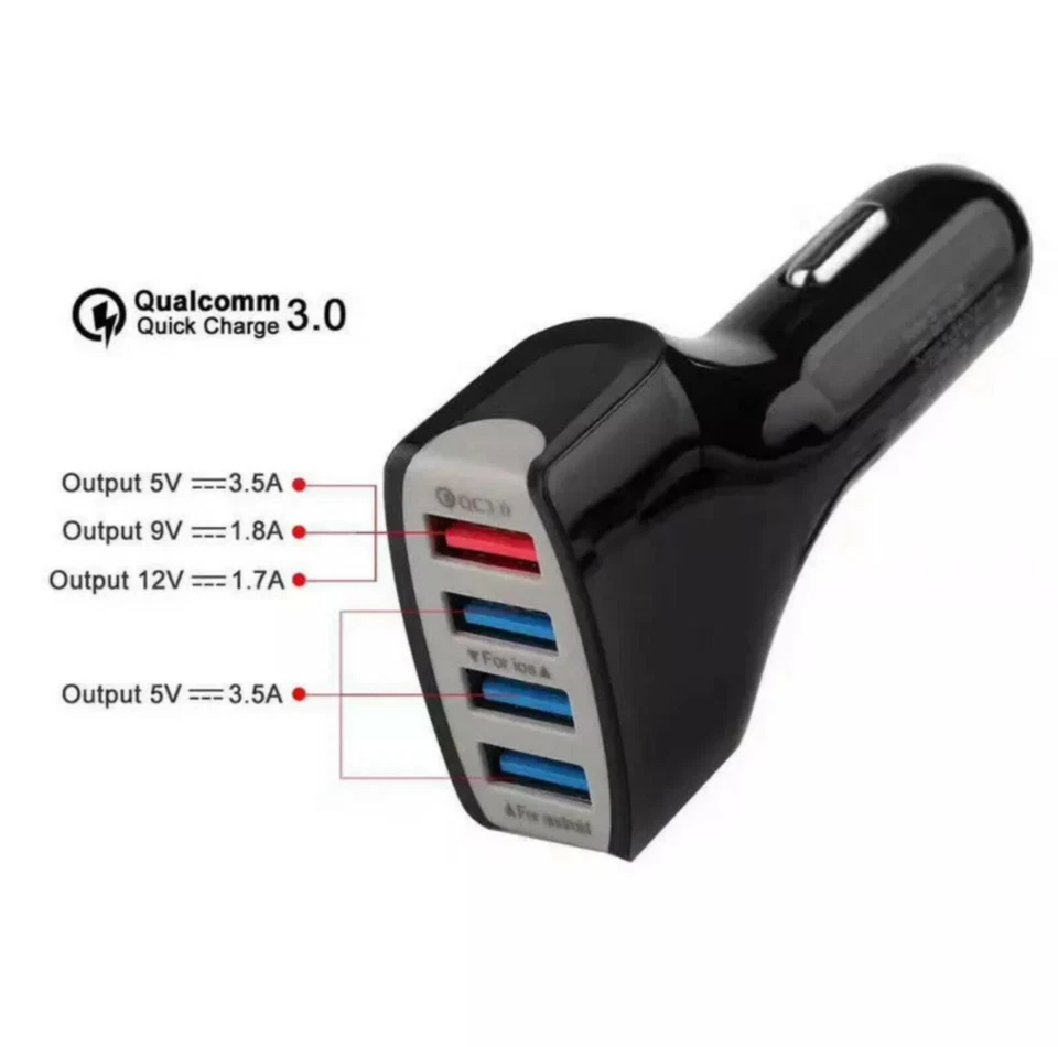  4 Port Fast Car Charger Cigarette Lighter USB Adaptor 12/24V Power Socket - Image 4 of 4