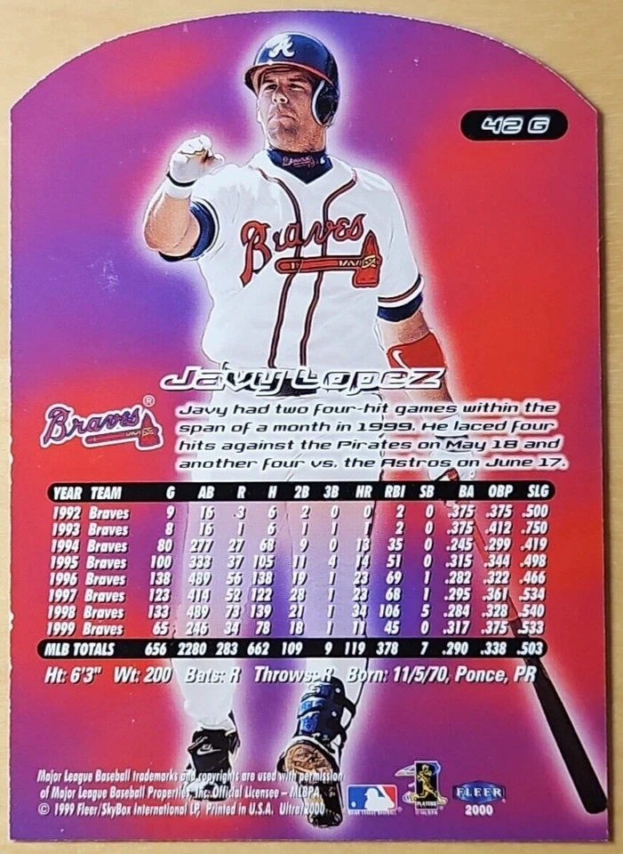 2000 Fleer Ultra Javy Lopez #42G Gold Medallion Edition Die-Cut Atlanta Braves - Image 2 of 2