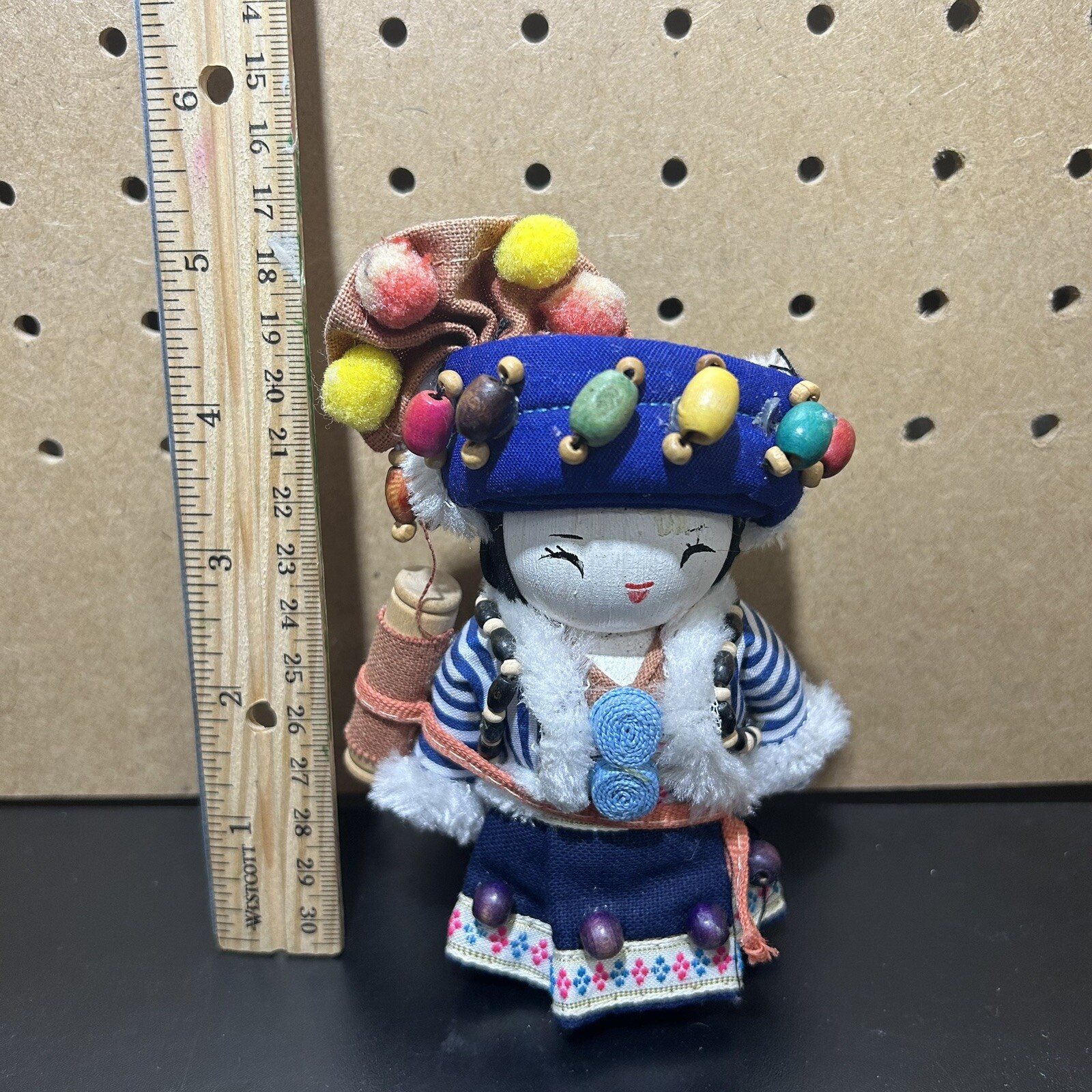 | Vintage | Hmong Doll - Hand Painted Wooden Traditional Costume - Handmade