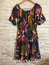 New Look Dress Womens Large Tropical Jungle Dark Florals Bell Sleeve Stretch