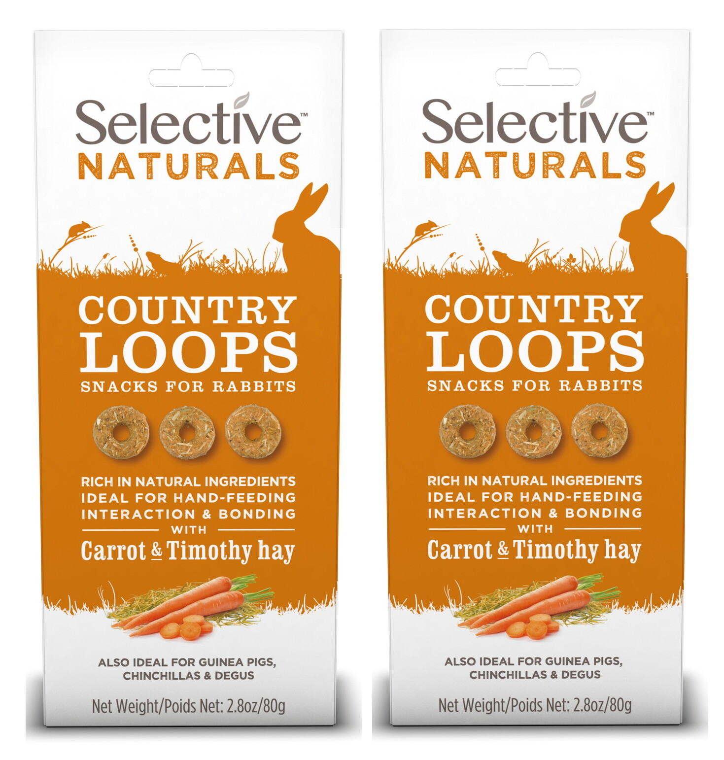 2 X SELECTIVE NATURALS COUNTRY LOOPS SMALL ANIMAL CARROT & TIMOTHY HAY TREAT 80G