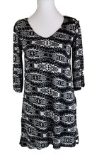 Be Bop Juniors Slit-Sleeve High-Low Shift Dress Tunic Tribal Black Ivory Small S