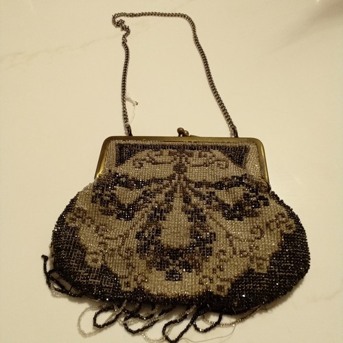 Vintage 1930s 40s Beaded Evening Bag Purse Black and Cream with change purse