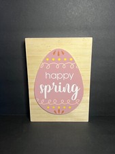 Wooden Happy Spring Pink  Tan Easter Egg-Shaped Decorative Sign Plaque 7 x 5"