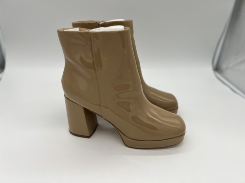 Women’s Platform Boots Chunky High Patent Square Toe Side Zipper Boots Nude 11 - Picture 3 of 6
