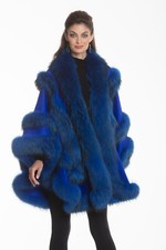Royal Blue cashmere cape with Real Fur Trim