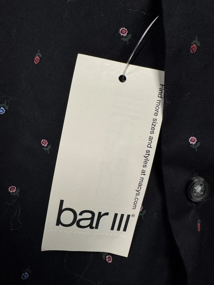 Camisa de Vestir Negra BAR III Ajuste Ajustado Rendimiento Elastizada Estampado Rosa Brote XL 17 1/2 Foto 4 de 4