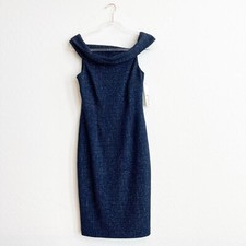 NEW Eliza J Women’s Off The Shoulder Sheath Dress Metallic Navy Blue 6