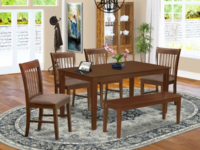 6pc Capri 36x60 kitchen dining table + 4 Norfolk padded chairs + bench mahogany