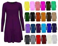Ladies Women's Long Sleeve Plain A Line Flared Swing Skater Dress Sizes 8-24