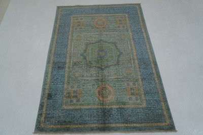 4x6 ft Blue Mamluk Afghan Hand Knotted Wool Medallion Rug