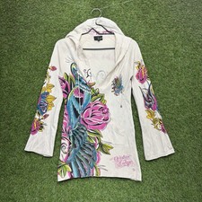 Christian Audigier Ed Hardy Hoodie Womens Medium Rose Bird Rhinestone Y2K Floral