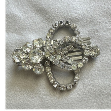Vintage Silver Tone Metal Rhinestone Bow Hair Clip, Clear Accents, Hair Grip