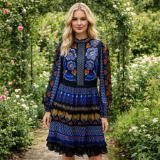 Farm Rio Ainika Multicolor Long Sleeve Midi Dress Artsy Resort Luxury S