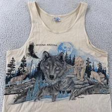 Vintage Sedona Arizona Wolf Double Sided Shirt Mens Large Beige Tank Top USA 90s