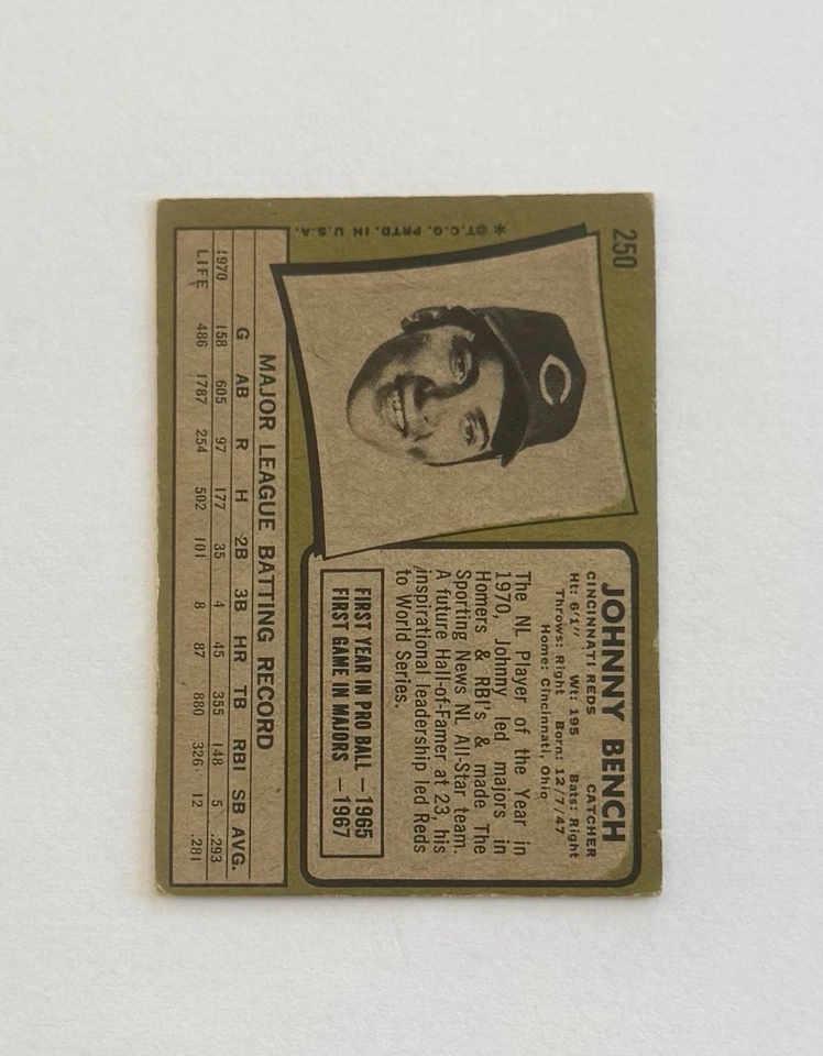 Johnny Bench 1971 Topps #250 Reds HOF - Image 2 of 2