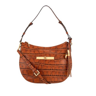 G.I.L.I. Genuine Leather Croc-Embossed Shoulder/Crossbody Crescent Bag Brown