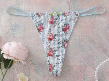 Pretty Cottage Core Floral 2nd Skin Satin V-String Thong Panties XL NEW