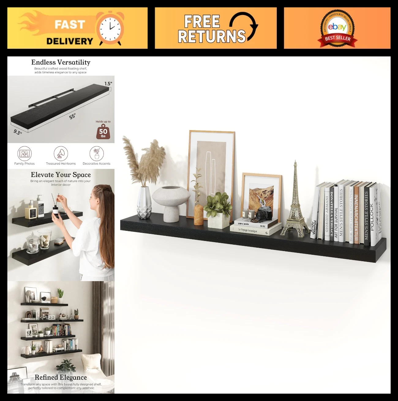 Wall Mounted Floating Shelves - 9.3" Deep Wood Storage for Bathroom & Bedroom