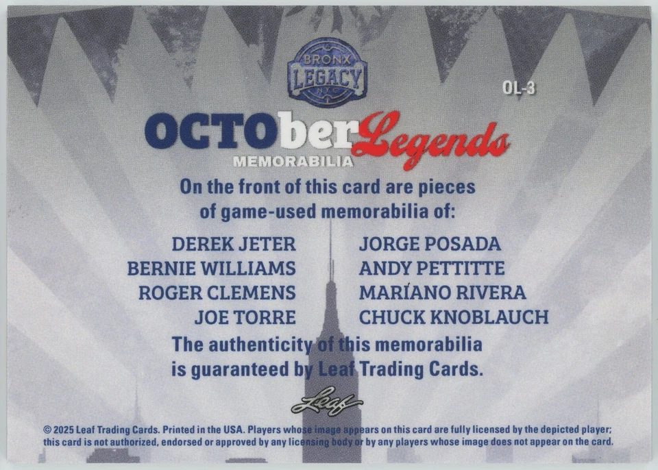 2025 Leaf Bronx Legacy Jeter, Clemens, Rivera (15/15) Game-Used Memorabilia OCTO - Image 2 of 2