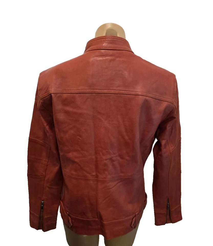 Chaqueta Moto D DOLLY LAMB Cuero Marrón con Cuello Bandado - Extra Grande - Nueva Foto 3 de 4