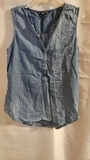TERRE BLEUE Sleeveless Half Button Denim Shirt, Women's Size Medium